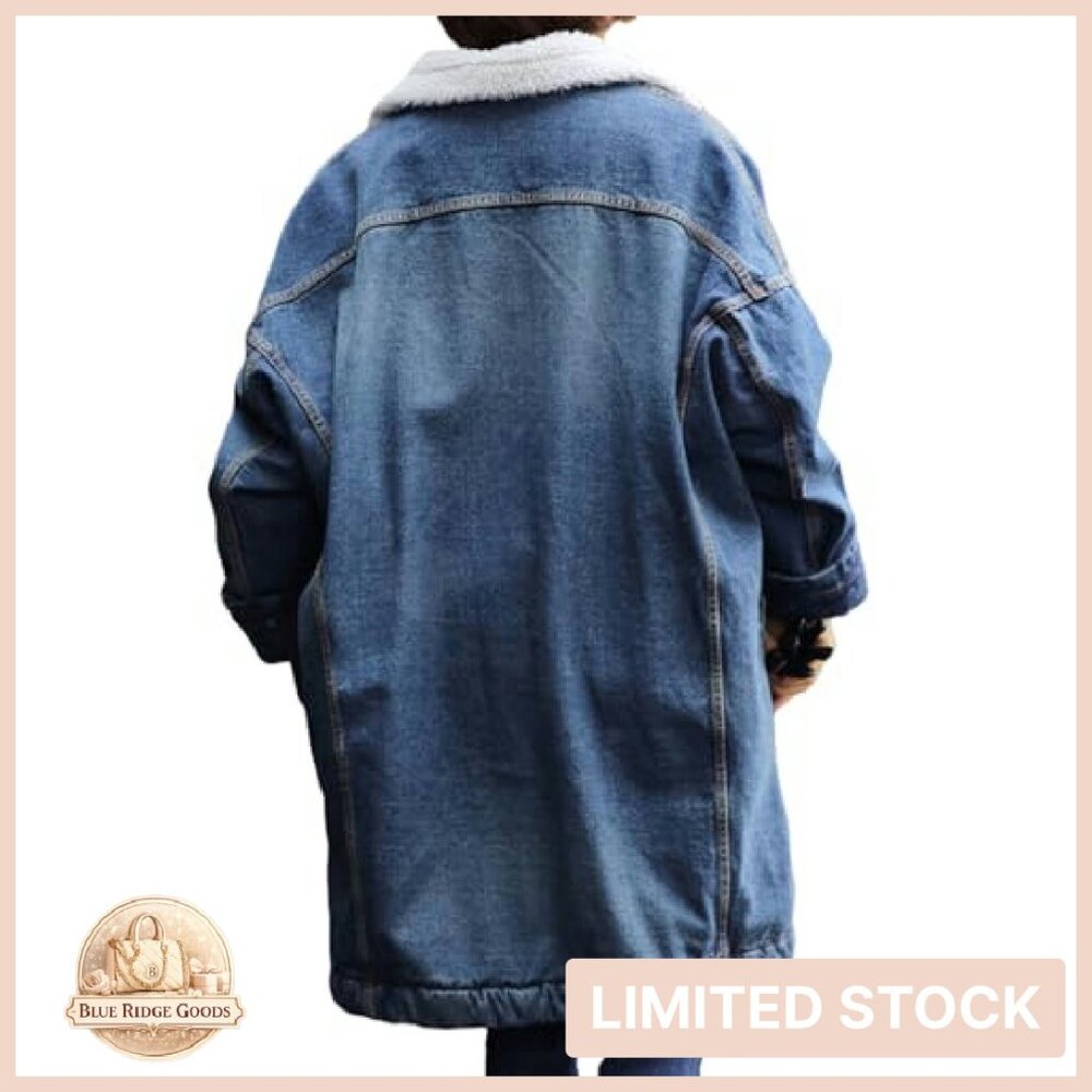 Long Sherpa Fleece Lined Denim Jacket Oversized Trucker Coat Vintage Style - Picture 3 of 7